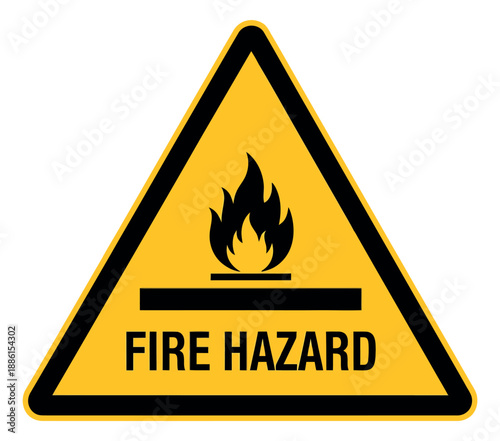 Official graphic illustration of a fire hazard warning sign depicting a flame symbol and text for industrial safety