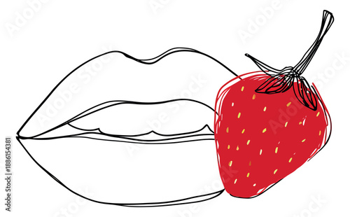 Hand drawn line art illustration of a strawberry with lips depicting taste and sensuality for beauty and food concepts