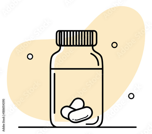 Line art illustration of a medicine bottle with capsules depicting medication for healthcare and wellness concepts