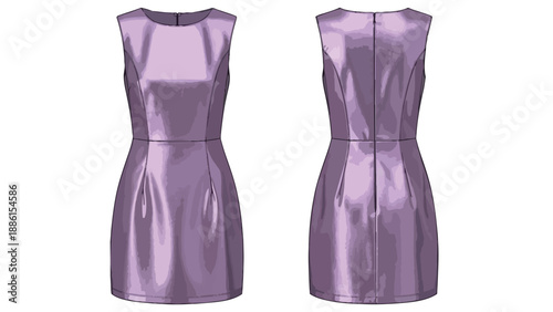 Stylish sleeveless purple mini dress showcasing a lustrous metallic sheen and tailored silhouette perfect for sophisticated events front and back