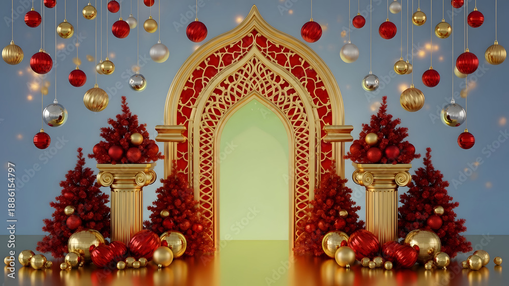 Fototapeta premium Luxury Islamic Arch with Red and Gold Ornaments – 3D Festive Background