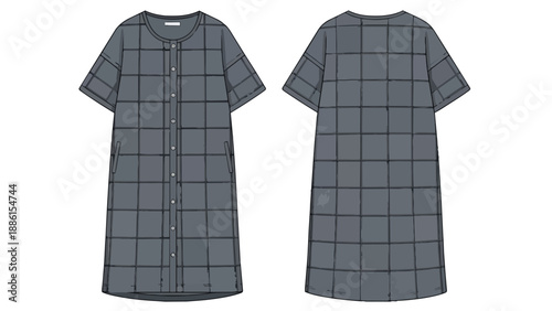Flat lay technical drawing of a grid patterned shirt dress, front and back views