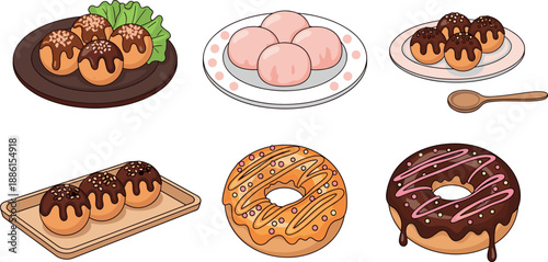 Vector illustration set featuring takoyaki octopus balls pink mochi dumplings and various glazed donuts with colorful sprinkles and icing