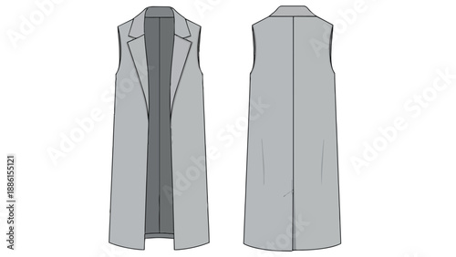 Fashion technical drawing of a long sleeveless duster vest front and back views for apparel design