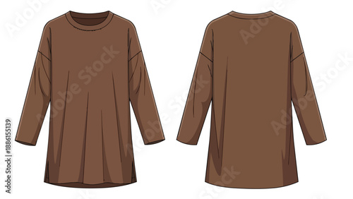 Versatile long sleeve brown tunic shirt illustration front and back view minimalist apparel design vector