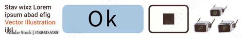 User interface design, communication tools, technology concepts, UI elements, icons, devices. OK button, square symbol and multiple walkie-talkie icons. Communication tools and UI elements concept