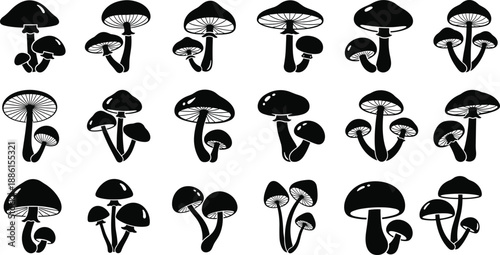 Mushroom silhouettes, botanical fungi, gill patterns, cap shapes, vector illustration, black design, minimal layout, nature icons, spore structures