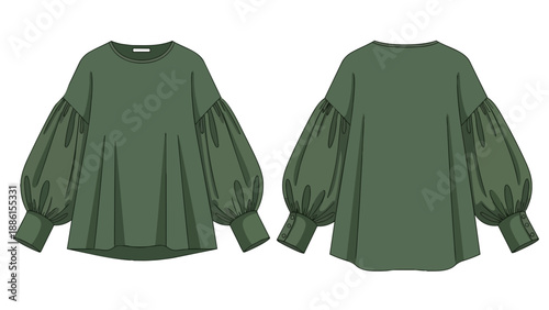 Elegant dark green casual long sleeve blouse with puff sleeves for comfort