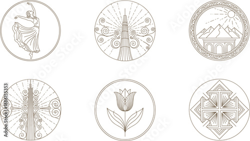 Vector illustration set featuring artistic line art emblems with ballerina desert pyramids and architectural towers for premium brand identity