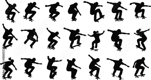 Skateboarder silhouettes, trick poses, dynamic movement, vector illustration, black figures, minimal design, skateboarding stances, action sports, balance icons