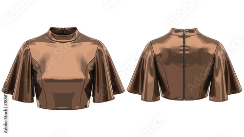 Sleek metallic bronze crop top with a modern mock neck and voluminous bell sleeves design