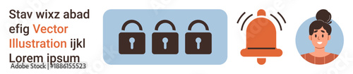 Cybersecurity, data protection, notifications, digital identity, alert systems, online security. Three locks, alert bell and user avatar. Cybersecurity and data protection concept