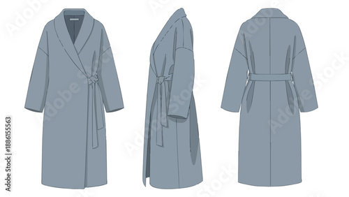 Technical flat sketch of a women's elegant wrap coat in a muted blue color showing front side and back views crucial for garment design and production
