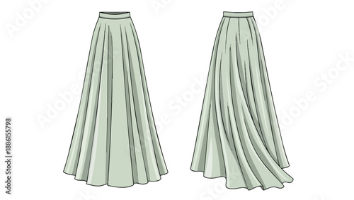 Detailed technical flat sketch illustrating a long, elegant maxi skirt with a gathered waist and graceful draping perfect for apparel design