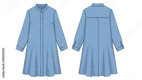 Fashion flat sketch of a relaxed-fit azure blue long-sleeve dress, featuring a chic band collar and gracefully flared hem, ideal for garment