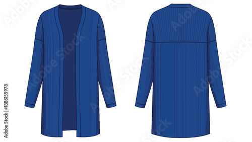 Modern blue longline cardigan flat sketch illustrating front and back views for fashion design and apparel development technical documentation a