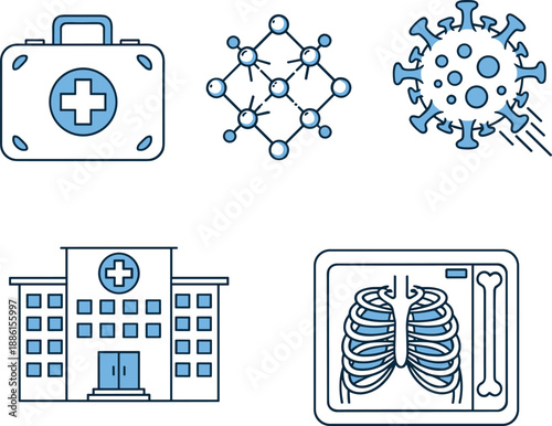 Medical healthcare icons set vector illustration hospital virus xray first aid network medicine science blue outline design modern flat style