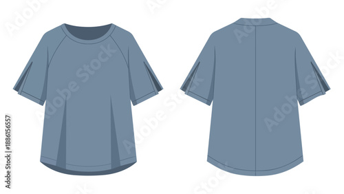 Contemporary loose-fit blue short-sleeve top flat illustration showcasing front and back views with distinctive pleated raglan sleeve design. A
