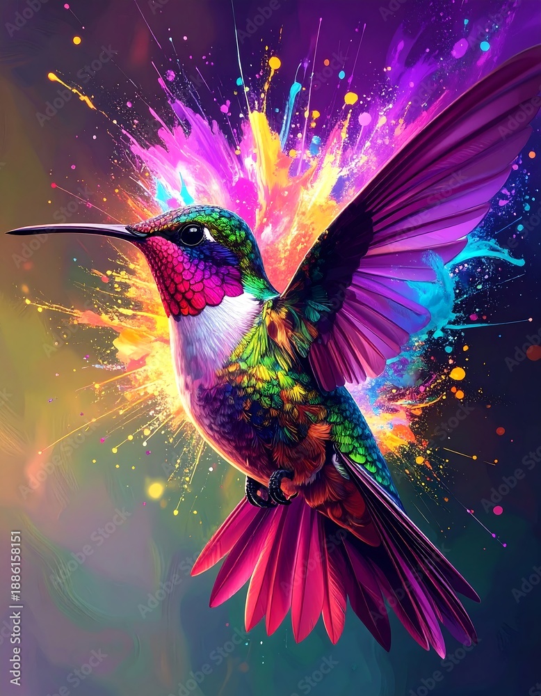 Fototapeta premium Vibrant hummingbird in flight, surrounded by colorful splashes (1)