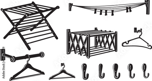 Collection of various drying racks and hangers for laundry
