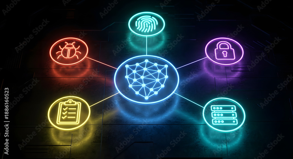 Fototapeta premium cybersecurity concept with neon glowing icons for data protection shield fingerprint biometrics antivirus bug lock security server and compliance on dark digital background