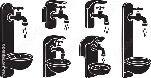 Faucet and sink illustrations in black and white colors