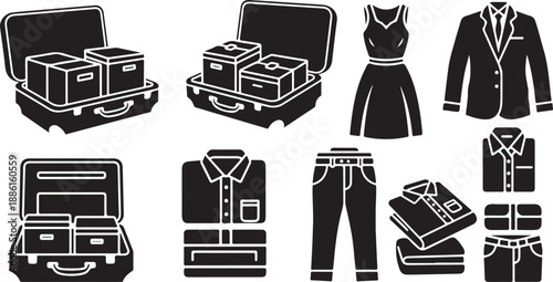 Packing clothes and luggage for travel in simple icons