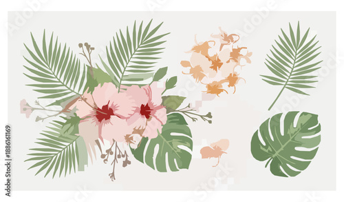 Watercolor Tropical Floral Clipart Set with Hibiscus Frangipani and Palm Leaves