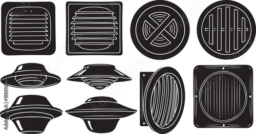 Various Vent Covers and Grilles in Black and White Illustration