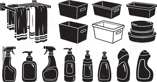 Cleaning supplies and storage containers in black and white illustration