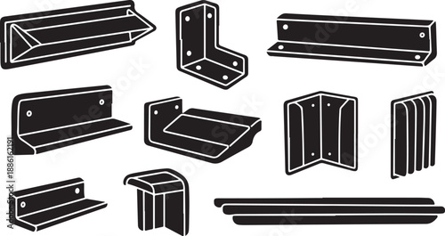 Various metal bracket designs and shapes in black and white