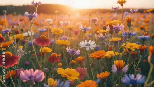 Vibrant colorful flowers in a lush meadow at sunset with diverse blooms and lush greenery