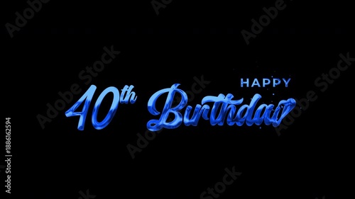 Happy 40th Birthday Text Animation Blue with transparent background alpha channel for party invitations and social media video content.