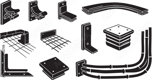 Industrial metal bracket and hardware components set illustration