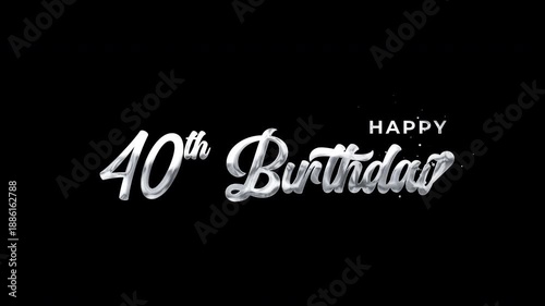 Happy 40th Birthday Text Animation Silver featuring metallic lettering on alpha channel for professional video production and milestone events.