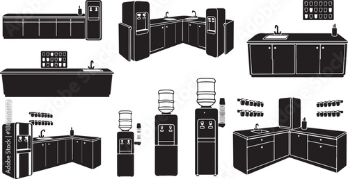 Black and white kitchen cabinet and countertop design illustrations