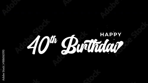 Happy 40th Birthday Text Animation with alpha channel. Professional motion graphics for milestone party videos and digital greetings.