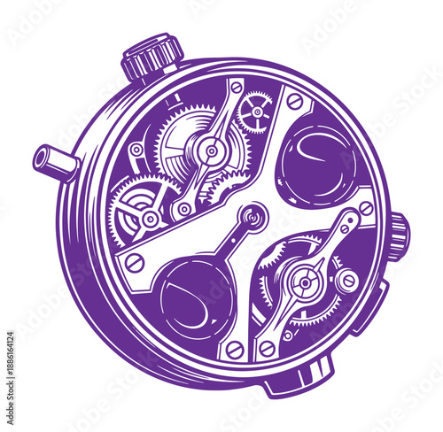 Purple watch mechanism with gears and cogs on transparent background