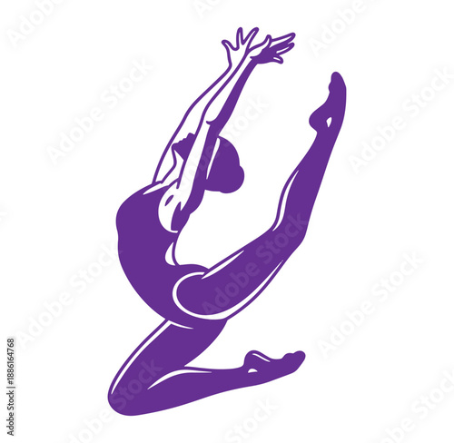 woman in purple silhouette jumping up with arms and one leg raised high
