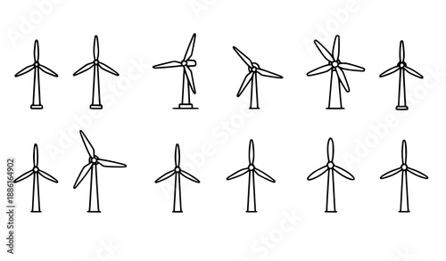 Wind energy icon set with wind turbines and renewable electricity symbols vector