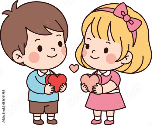 Cute little boy and girl holding heart gifts together, children expressing love and friendship, Valentine’s Day flat cartoon illustration