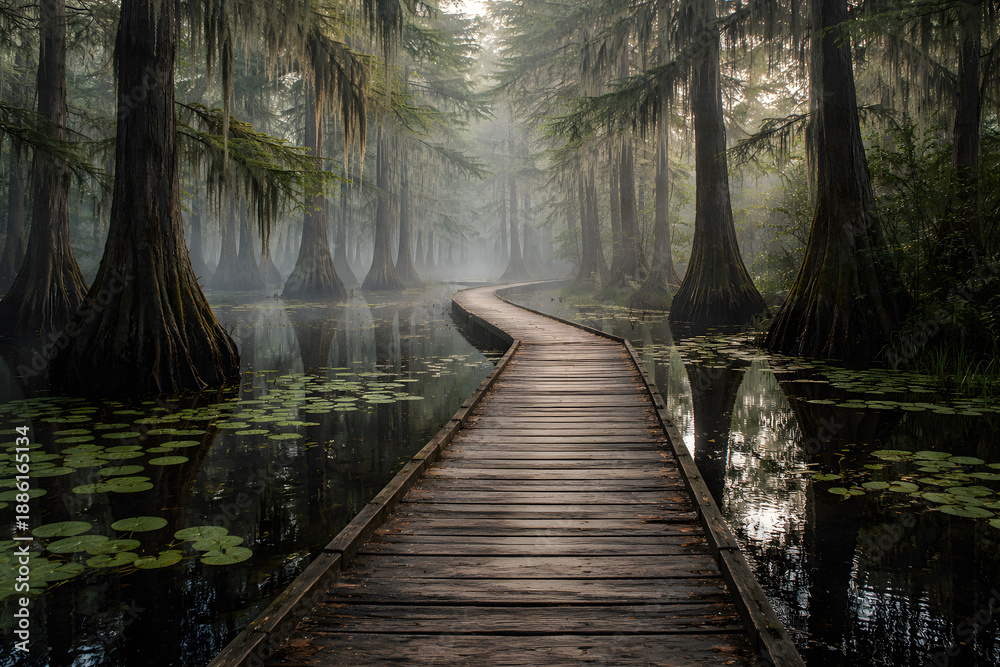 Obraz premium Misty wooden boardwalk through tranquil cypress swamp forest