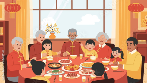 A multi-generational Chinese family gathers around a round table laden with food, celebrating a festive occasion with joy and togetherness.