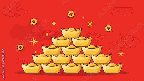 A pyramid of golden Chinese ingots stacked against a vibrant red background with traditional clouds and scattered coins.