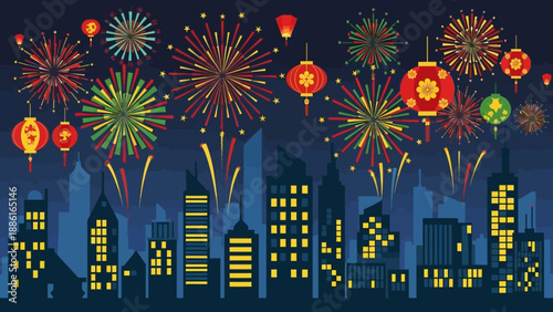 Vibrant fireworks illuminate the night sky above a silhouetted cityscape, adorned with traditional Chinese lanterns.