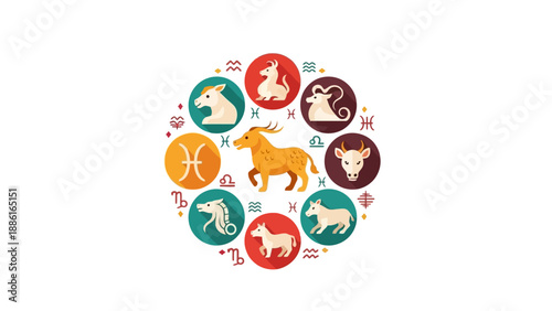 A circular arrangement of zodiac animal symbols, including a central horse, surrounded by icons representing astrological signs and their associated creatures.