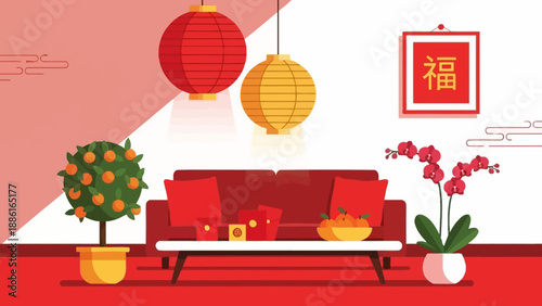 A cozy living room decorated for Chinese New Year with lanterns, an orange tree, and red envelopes.