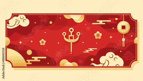 A vibrant red and gold banner with traditional Chinese cloud and coin motifs, featuring a central golden trident-like symbol, evoking a festive and auspicious atmosphere.