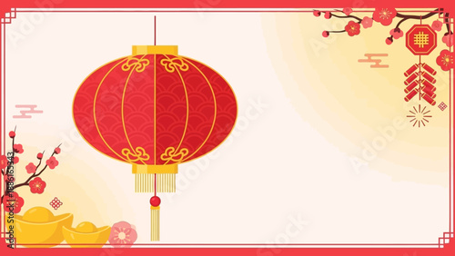 A vibrant Chinese New Year illustration featuring a large red lantern, gold ingots, and blooming cherry blossoms against a soft yellow gradient background.