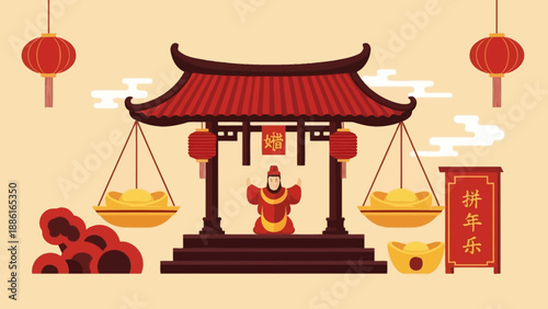 Traditional Chinese New Year celebration scene with a deity weighing gold ingots on scales, symbolizing prosperity and wealth.